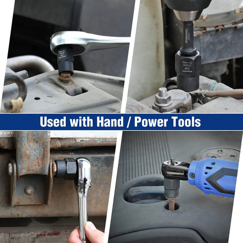 Fifteen-Piece Bolt And Nut Remover Set For Stripped, Damaged, Rounded Off And Rusted Bolts And Nuts Three-Eighth Inch Drive With Universal Chuck And Beefy Impact Adapters showing compatibility with hand and power tools