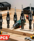 6 Piece Screw Extractor Set for Reversing Damaged Screws and Bolts Works with Any Drill 3 to 12mm Range on a workbench