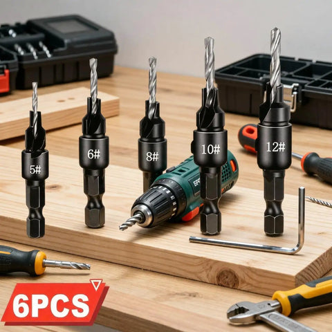 6 Piece Screw Extractor Set for Reversing Damaged Screws and Bolts Works with Any Drill 3 to 12mm Range on a workbench