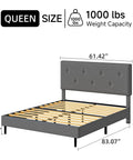 Queen Size Linen Bed Frame With Adjustable Headboard Grey Upholstered Design Featuring Heavy Duty Wooden Base And High Density Foam For Ultimate Chill Vibes And Sleep Sanctuary Comfort with measurements displayed.