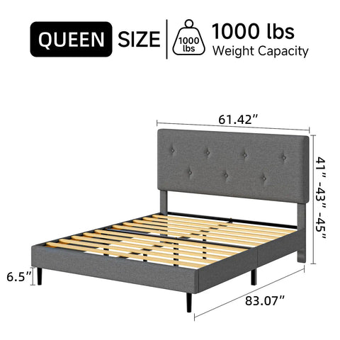 Queen Size Linen Bed Frame With Adjustable Headboard Grey Upholstered Design Featuring Heavy Duty Wooden Base And High Density Foam For Ultimate Chill Vibes And Sleep Sanctuary Comfort with measurements displayed.