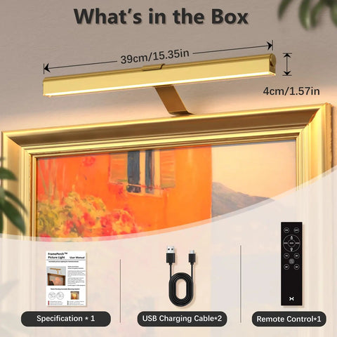 Dreamy Insert Picture Light Offering Straightforward Zero Drill Mounting And Smooth Magnetic Attachment For Hassle Free Wall Frame Illumination That Is An Absolute Game Changer, showing dimensions and accessories.