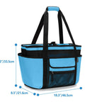 Blue XL Beach Tote Bag With Insulated Cooler Compartment And Wet Dry Separation with dimensions and pockets shown