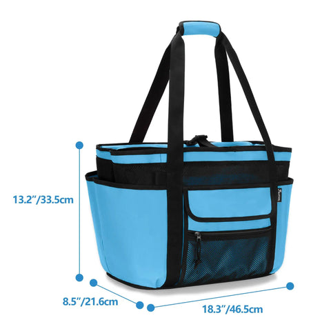 Blue XL Beach Tote Bag With Insulated Cooler Compartment And Wet Dry Separation with dimensions and pockets shown