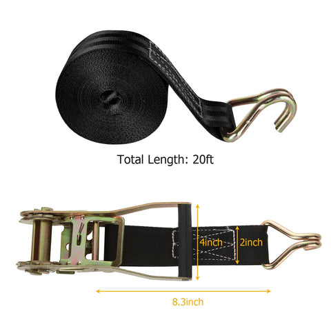 Heavy Duty 2 Inch Ratchet Straps Set, 20 Feet Long With Double J Hooks, 8000 Lbs Break Strength, Built To Haul Rugged Cargo