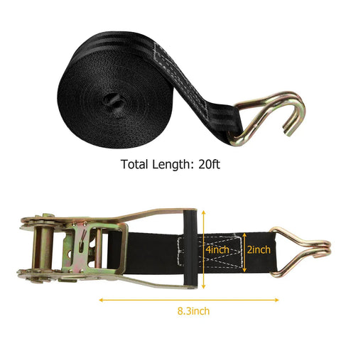 4 Pack 2 Inch 20 Foot Ratchet Straps Heavy Duty Tie Down Workhorse With Double J Hook And 8000 Lbs Break Strength To Lock Your Truck Trailer Motorcycle Kayak Or Car Roof Gear Tight showing strap roll and hook.