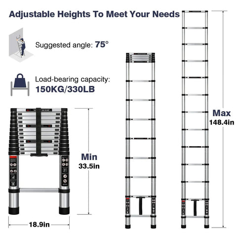 Aluminum Telescoping Extension Ladder 12.5 ft With Locking Mechanism, Heavy Duty Collapsible Ladder illustration with dimensions.