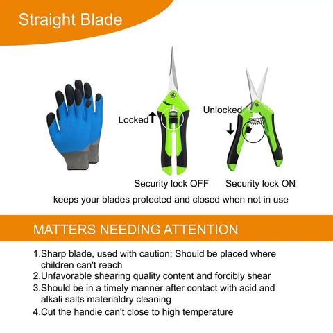 5 Pack Pruning Shears With Gloves Garden Clippers Handheld Straight Stainless Steel Snips illustration of lock mechanism and glove