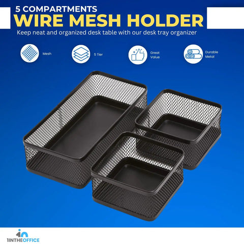 Mesh Desk Drawer Organizer Tray With 3 Stackable Compartments In Matte Black displaying three stackable trays against a blue background