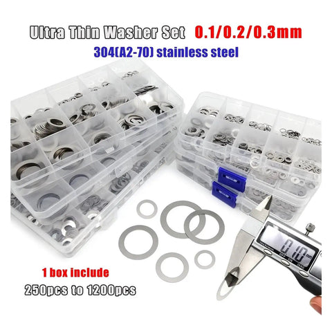 Pro Grade Ultrathin Flat Washer Set M3 To M20 600 Pieces 0.2mm Stainless Steel 304 A2-70 Shim Gasket Kit Box in organizer case