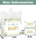 13 Inch Large Baby Gift Bag For Baby Shower Or Birthday With Sturdy Handle Includes Tissue Paper And Greeting Card In Vibrant Green Unisex Design Perfect For Wrapping Gifts For Baby Boy Or Girl At Parties; size info displayed