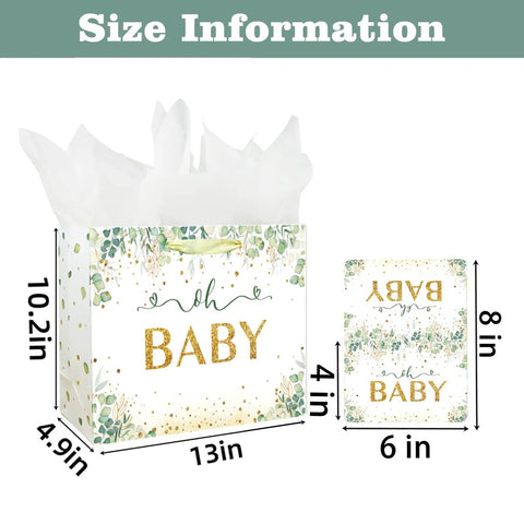 13 Inch Large Baby Gift Bag For Baby Shower Or Birthday With Sturdy Handle Includes Tissue Paper And Greeting Card In Vibrant Green Unisex Design Perfect For Wrapping Gifts For Baby Boy Or Girl At Parties; size info displayed
