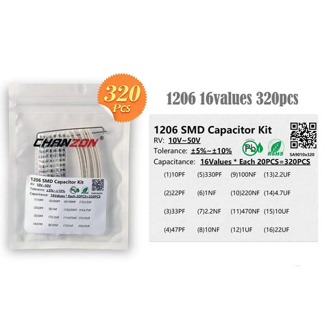Packaging of 1206 SMD Capacitor Kit With 16 Values 320 PCS 10pF To 22uF 10V To 50V MLCC Ceramic Assortment For DIY Electronics Projects
