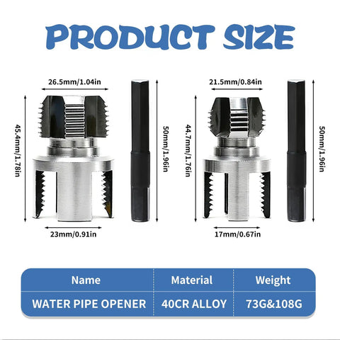 2-In-1 Internal And External Pipe Threader For Home Plumbing With One Half Inch And Three Quarter Inch Dies PVC Pipe Thread Cutter For Electric Drill DIY Repairs And Quick No Fuss Home Plumbing Projects with dimensions and material details