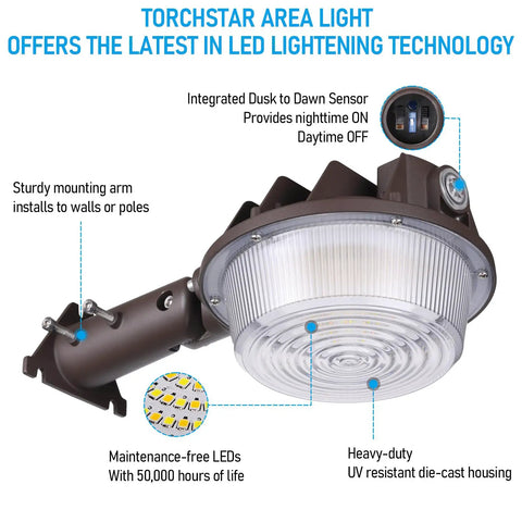 3CCT LED Barn Light With Dusk To Dawn Photocell, Outdoor Security Flood Light, adjustable wattage, mounted on wall arm