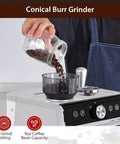 Semi Automatic Espresso Machine Featuring Built In Conical Burr Grinder And No Sweat Milk Frother Steam Wand With 20 Bar Pressure, pouring coffee beans into grinder.