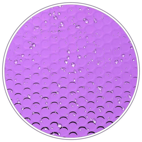 Close-up of purple self-seal bubble mailers 18x23cm, thickened aluminum foil padded envelopes with water droplets, shockproof shipping bags