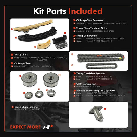 12 Piece Engine Timing Chain Kit With Sprocket Tensioner And Guide For Toyota Corolla 2009 2019 with parts labeled