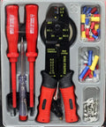 Close-up of 82 Piece Electrical Tool Kit 2 Pack with 2 Electric Screwdrivers featuring wire stripper and terminals.