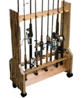 Double Sided Fishing Rod Holder That Stores Up To 16 Rods For Saltwater And Freshwater Gear Perfect Garage Organization And Room Storage For Fishing Rods Tackle Gear And Accessories in handcrafted pine with wheels