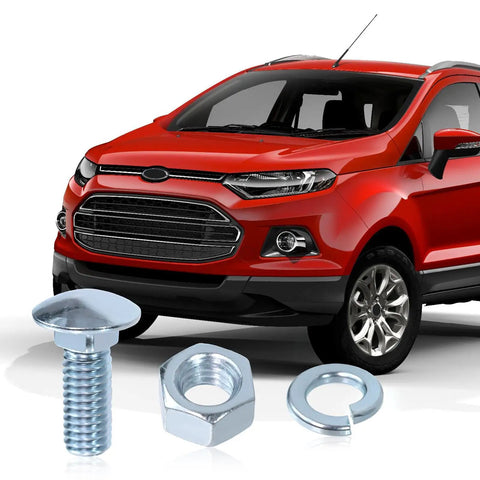 Chrome Bumper Bolts Kit 7/16 Carriage Bolts With Capped Round Heads Ford 7/16-14x1-1/4 displayed with a red Ford car