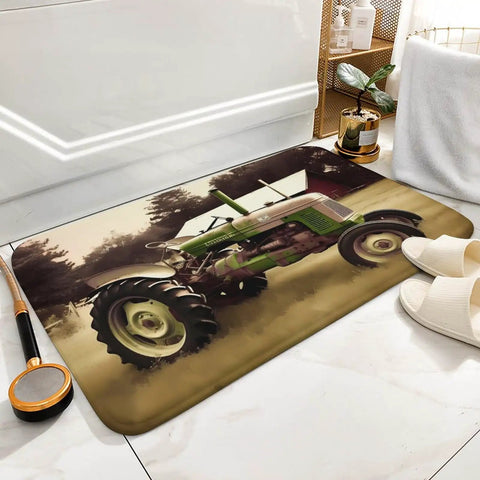 Thick Soft Absorbent Old Tractor Photo Farm Bath Rugs For Bathroom Mats with Non Slip Backing, showing green tractor image.