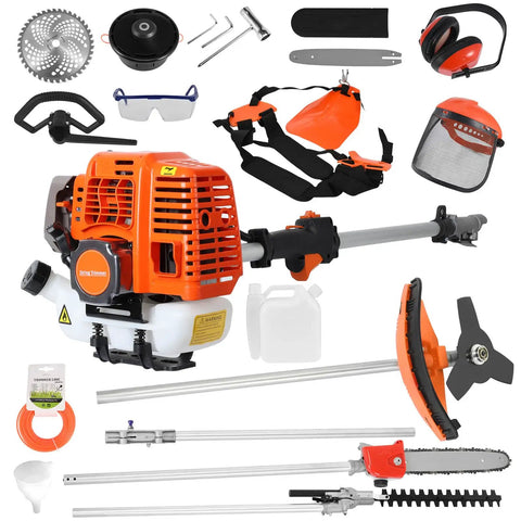 Beast 5-In-1 Gas Powered Yard Tool With 52cc 2-Stroke Engine and accessories including trimmer, pruner, and safety gear.