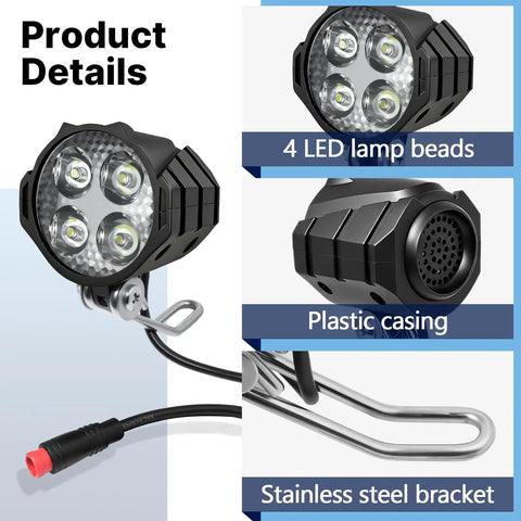 Ride Ready Electric Bike Front Headlight With 2 Pin Waterproof Connector For 36V To 60V Systems, Easy Install Inside Controller Or Mid Drive, Waterproof Front Light For Electric Bicycles Mountain Bikes And Scooters