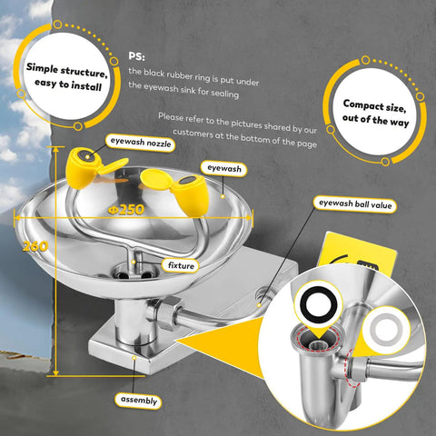 Must Have Wall Mounted Eyewash Station That Is OSHA Approved Emergency Eye Wash With Stainless Steel Bowl NPT Threads Includes Emergency Sign ANSI Z358.1 2014 Compliant Heavy Duty Safety Gear For Workplace Quick Install, showing stainless steel bowl with yellow eyewash nozzles