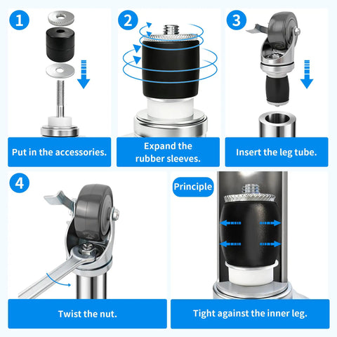 Installation steps for Top Notch Heavy Duty 4 Inch Swivel Caster Wheels with side brake locks and expanding stem.