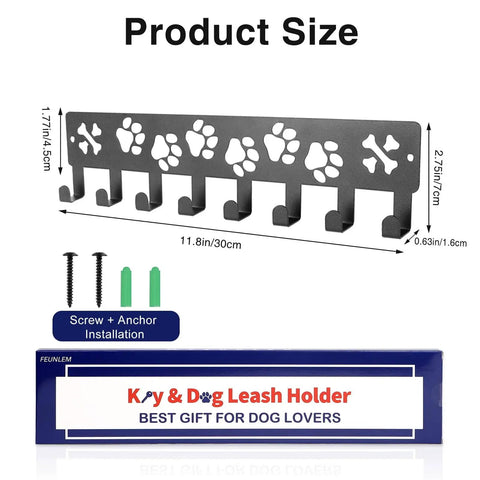 Rust proof black paw design eight hook wall organizer for keys leashes and collars with metal construction 11.8 by 2.75 inches.