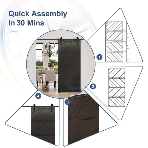 Sliding Barn Door 36 By 84 Inches With Pre Drilled Slab, Hardware Kit And Handle, MDF And PVC Surface, Waterproof Coating, No Painting Needed, Ready To Assemble, Black shown with installation and assembly guide.