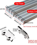 Beefed-Up Three Track Sliding Door Rail System With Six Pulleys For Wardrobe Closet And Display Cabinet In Durable Aluminum Alloy Hardware Kit. Aluminum tracks and pulleys dimensions labeled for installation.