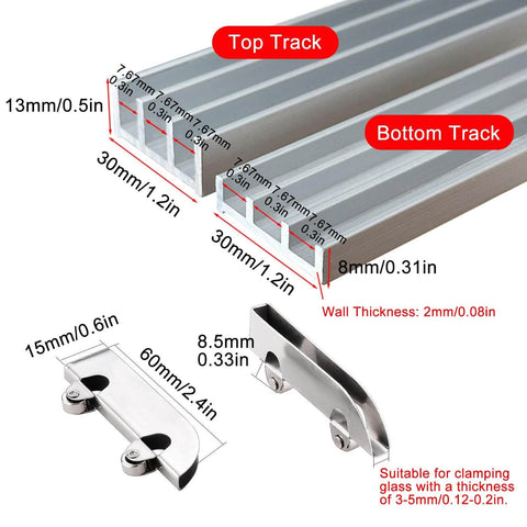 Beefed-Up Three Track Sliding Door Rail System With Six Pulleys For Wardrobe Closet And Display Cabinet In Durable Aluminum Alloy Hardware Kit. Aluminum tracks and pulleys dimensions labeled for installation.