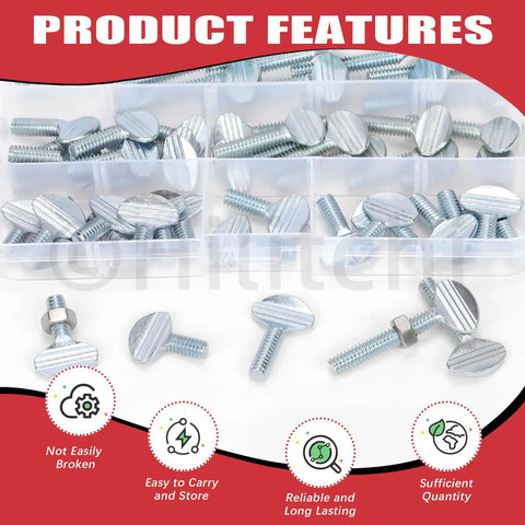 Tough As Nails Fifty Piece Full Thread Thumb Screws Five Sizes Quarter Twenty Carbon Steel Finger Tight Hardware Kit in storage box.