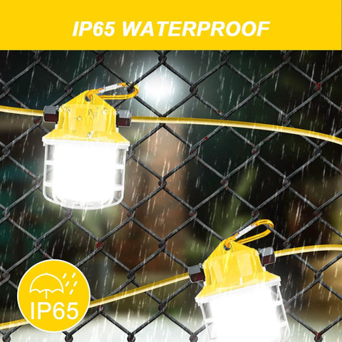 Gig Worthy Construction String Lights 75W 7500LM 5000K illuminating in rain, showcasing IP65 waterproof durability against chain link fence.