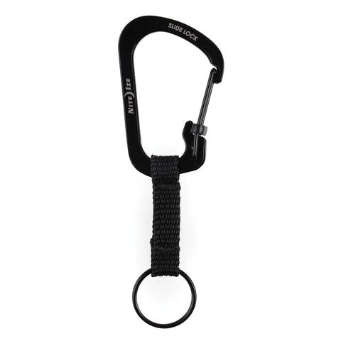 SlideLock Aluminum Locking Carabiner Key Ring With Nylon Strap, Heavy Duty Key Holder, black color, 3-25 lb load capacity