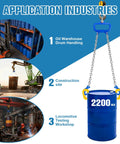 SENKEYFE chain drum lifter, 2200 lb capacity, clamps onto blue 30-55 gallon drum with self-locking hooks