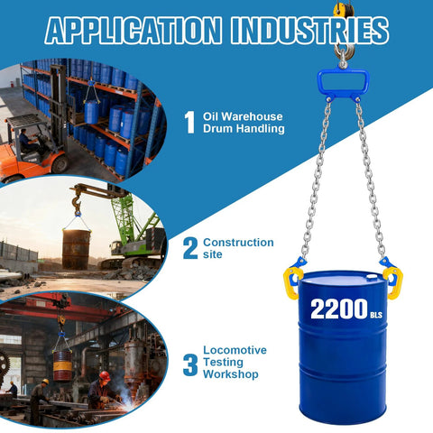 SENKEYFE chain drum lifter, 2200 lb capacity, clamps onto blue 30-55 gallon drum with self-locking hooks