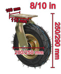 Heavy Duty Pneumatic Casters With Hella Smooth Rubber Wheels And Swivel Lock Brakes Built Like A Tank For Industrial Toolboxes Featuring Double Ball Bearings Quick Install showing a detailed 8/10 inch wheel with measurements.