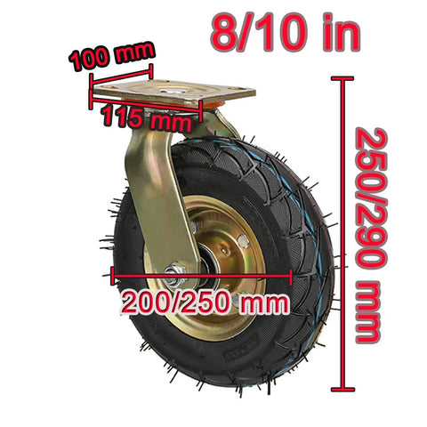 Heavy Duty Pneumatic Casters With Hella Smooth Rubber Wheels And Swivel Lock Brakes Built Like A Tank For Industrial Toolboxes Featuring Double Ball Bearings Quick Install showing a detailed 8/10 inch wheel with measurements.