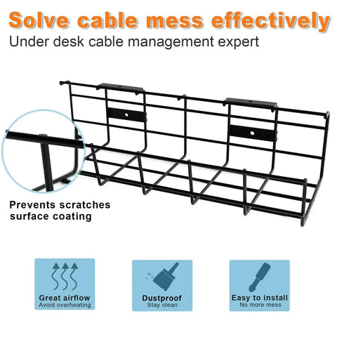 Under Desk Cable Management Tray 2 Pack Heavy Duty Metal Wire Cord Organizer with scratch-resistant coating
