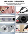 Features of Upgrade 2 Way Rotary Electric Engraving Pen With 37 Bits Cordless USB Rechargeable, in use and close-up views.