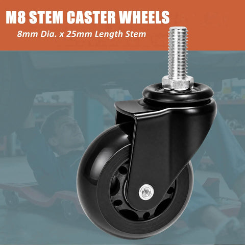 Top Shelf Heavy Duty 6 Pack 2.5 Inch Replacement Caster Wheels For Mechanic Creepers Rollers And Shop Stools Smooth Swivel Zero Noise Garage Ready Freakin Badass Hardware showing M8 stem caster wheel.