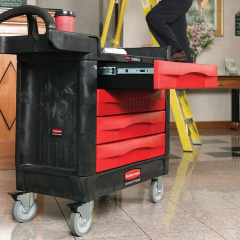 TradeMaster Workhorse Tool Storage Utility Cart With Four Drawers 500 Lb Capacity Heavy Duty Black Steel On Board Locking Cabinet Ball Bearing Slides Built For Garage Warehouse Cleaning And Maintenance Projects, black cart with red drawers