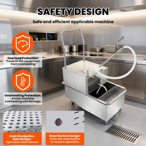 Commercial 550W Stainless Steel Fryer Filter Machine With 55L Oil Filtration System and safety features in a kitchen setting.