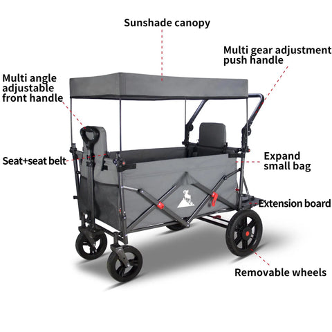 All Terrain Collapsible Wagon Cart With Canopy And Two Seats For Camping, Garden, And Shopping, visible features labeled