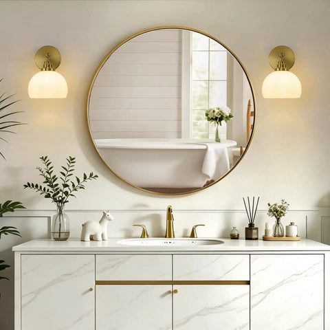Feasey Vintage Milk Glass Globe Wall Sconce, Mid Century Ribbed Glass Light beside a round mirror in a modern bathroom.