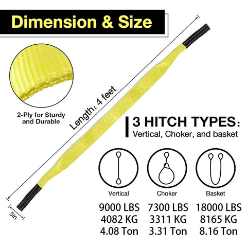 Heavy Duty 3 Inch By 4 Foot Nylon Flat Eye Lifting Sling Strap With Three Hitches In One Two Ply Polyester 9000 Lb Vertical 7300 Lb Choker 18000 Lb Basket Capacity For Engine Hoist Crane And Forklift, 4 feet