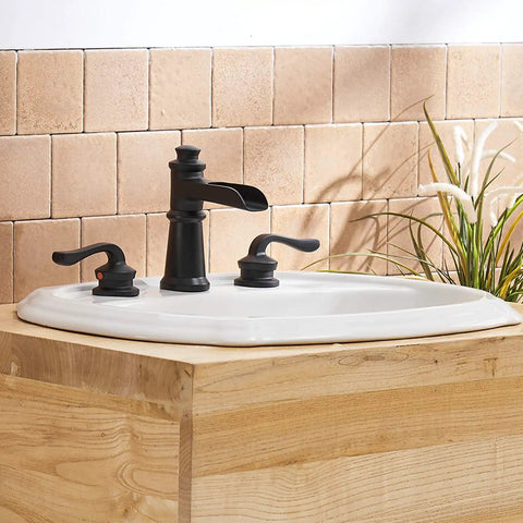 Dope Brushed Nickel Waterfall Bathroom Faucet For 8 Inch 3 Hole Sink installed on a wooden vanity with black two-handle design